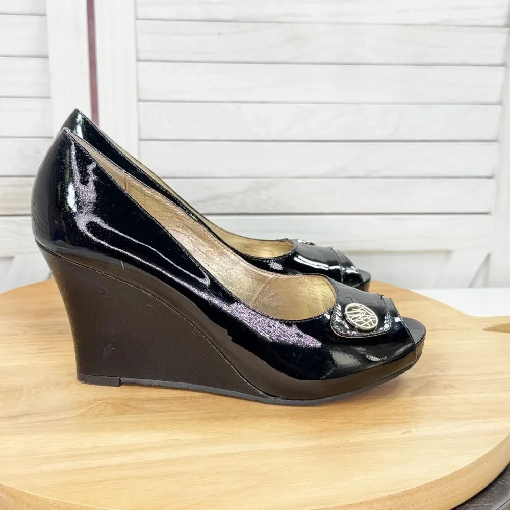 Lilly Pulitzer Patent Leather Peep Toe Wedge Heels Black 36.5 US‎ 6